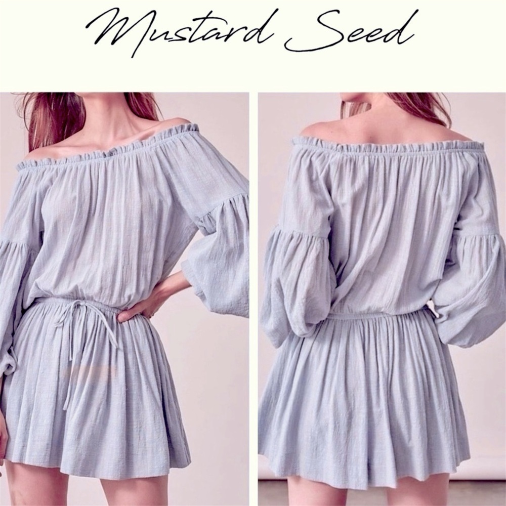 NWT Mustard seed Open Shoulder sage Waist Tie mini Dress, peasant sleeve, sz S
